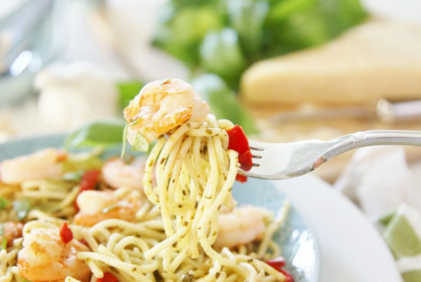 Pesto Pasta with Grilled Shrimp and Roasted Red Peppers