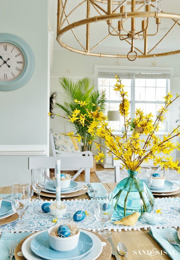 Aqua and Yellow Coastal Easter Tablescape - Sand and Sisal