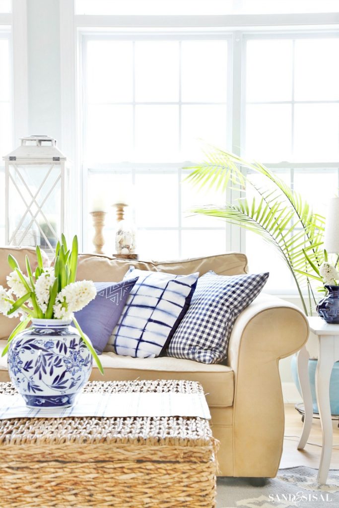 Blue and White Spring Living Room Tour - Sand and Sisal